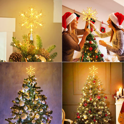 Brizled Snowflake Christmas Tree Topper, 9.5" Christmas Tree Star with 10 Warm White Lights, 120V UL Certified Xmas Star Treetop Clear Xmas Ornaments for Holiday Party Home Decor