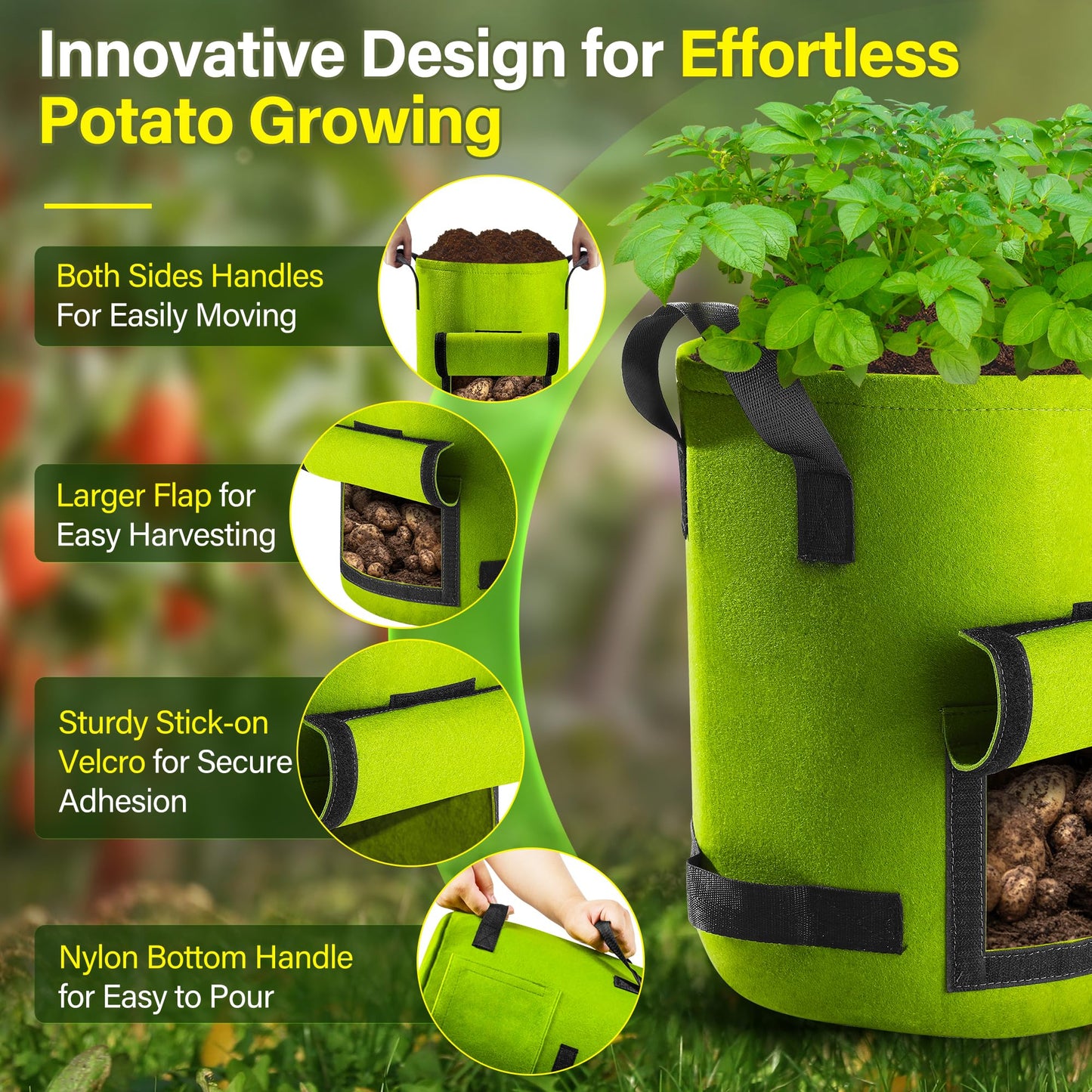 Suntee 6 Pack 15 Gallon Potato Grow Bags with Flap, Thickened Nonwoven Fabric Grow Bags for Growing Potatoes, Colorful Plant Grow Bags Pots Gardening Vegetable Potato Growing Bags with Durable Handles