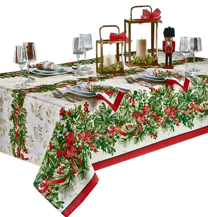 Newbridge Christmas Holly Ribbon Traditions Bordered 60 x 120 Inch Rectangle Fabric Tablecloth, Boughs of Holly and Berry Ribbon Garland Dining Table Cover for Holiday Party