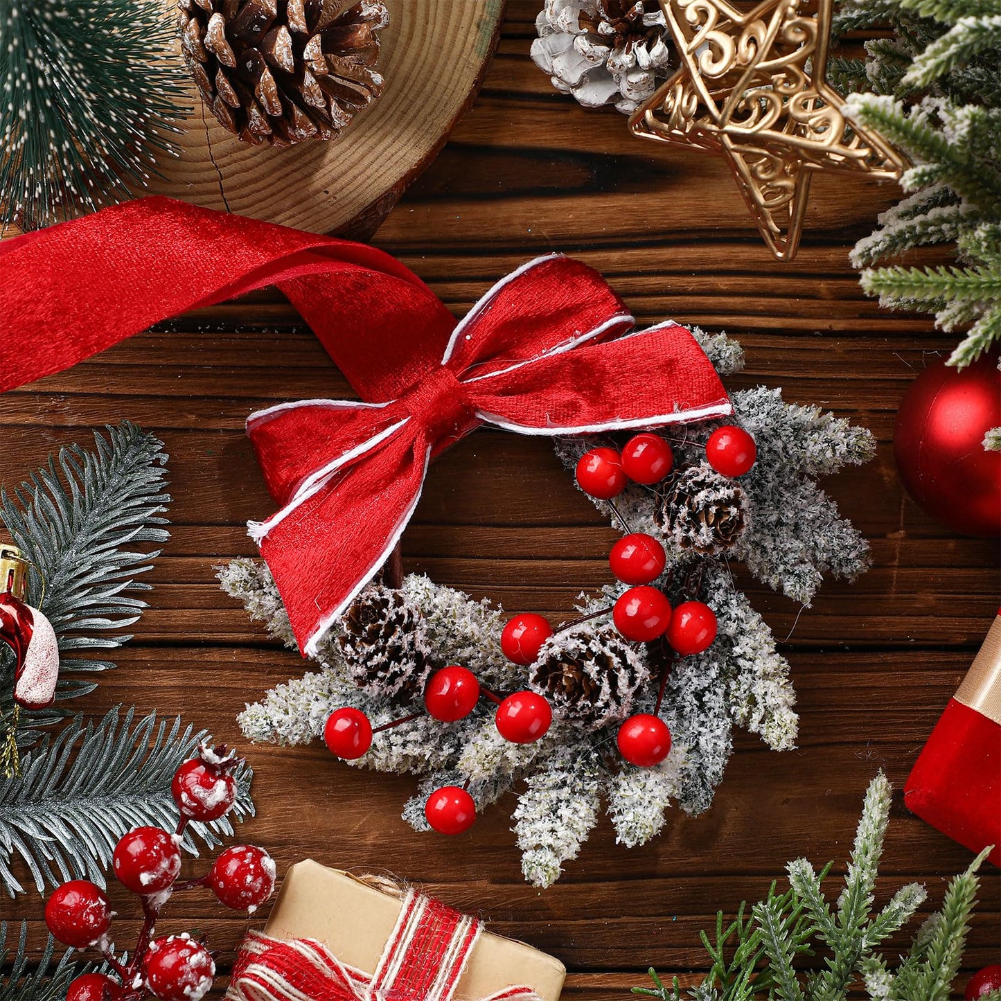 Dingion 6 Pcs 6 Inch Christmas Mini Cabinet Wreaths for Kitchen with Ribbon Bows Red Berry Small Winter Window Wreath Garland for Door Window Farmhouse Christmas Party Decorations