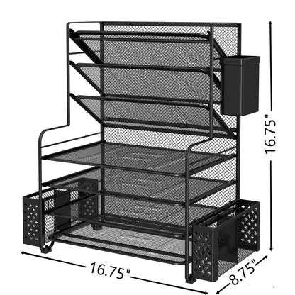 Simple Trending 7 Tier Desk File Organizer, Letter Tray Paper Organizer with Pen Holder and Metal Hanging Basket, Black