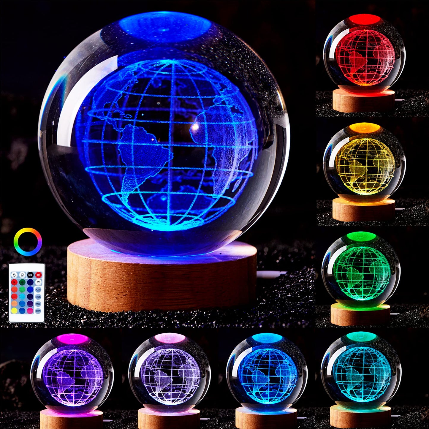 Conalisk 3D Earth Crystal Ball Lamp,3.15 inch K9 Crystal Ball Night Light with Wooden Base,Lifelike 3D LED Night Light,16 Colors Changing Light,Dimmable Remote Control,Desk lamp (D)