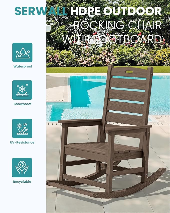 SERWALL Outdoor Rocking Chair, Oversized Rocking Chair with Footrest for Adults, HDPE All Weather Resistant Rocking Chairs for Patio, 350lbs Weight Capacity, Coffee
