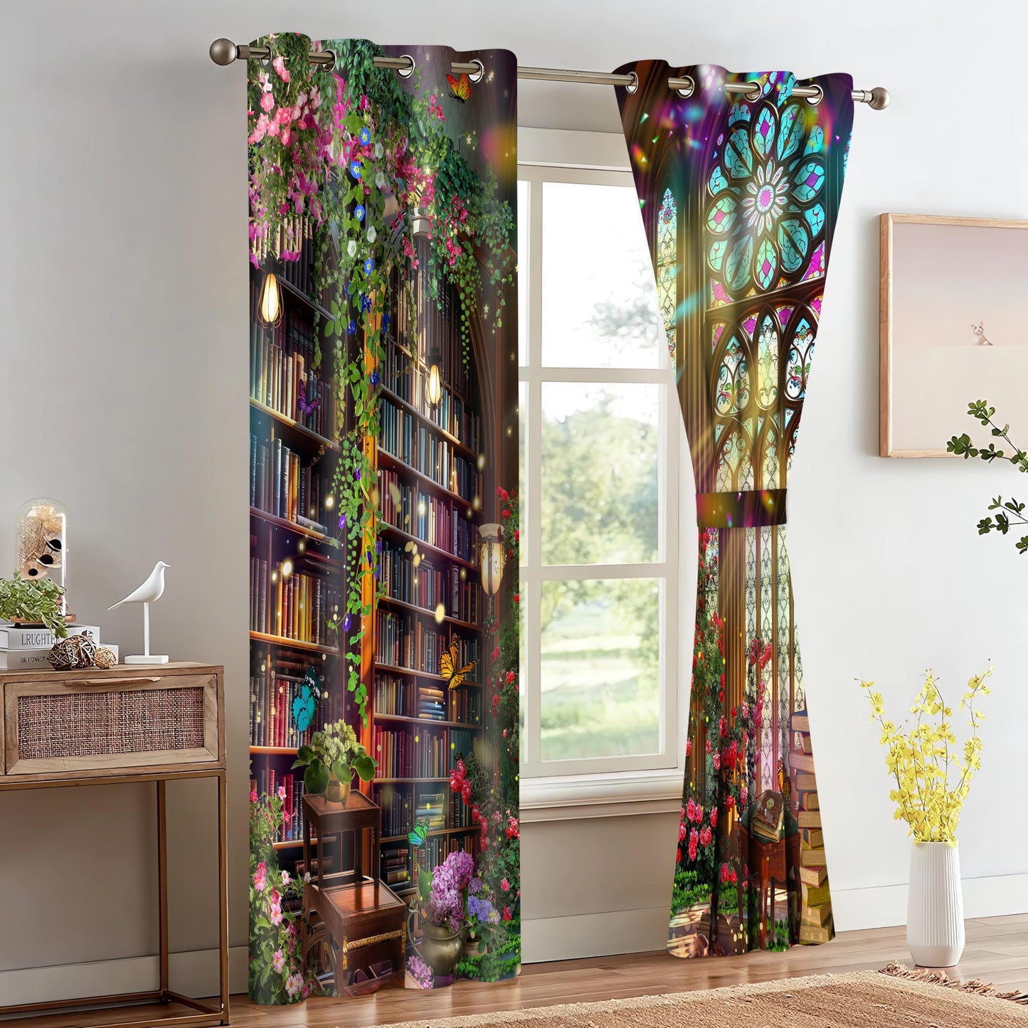HIYSMT Fantasy Library Blackout Curtains,Magic Book Bookshelf Butterfly Print Curtain,5284inch Medieval Stained Glass Fairy Tale Floral Drapes for Bedroom Living Room 2Panel HI046YL