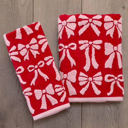 SKL Home Bow Jacquard 100% Cotton Premium 2-Piece Hand Towel Set, 500 GSM, Reversible, Soft & Absorbent, Everyday/Christmas/Winter/Valentine's, Decorative for Bath/Kitchen/Bar, Red/Pink