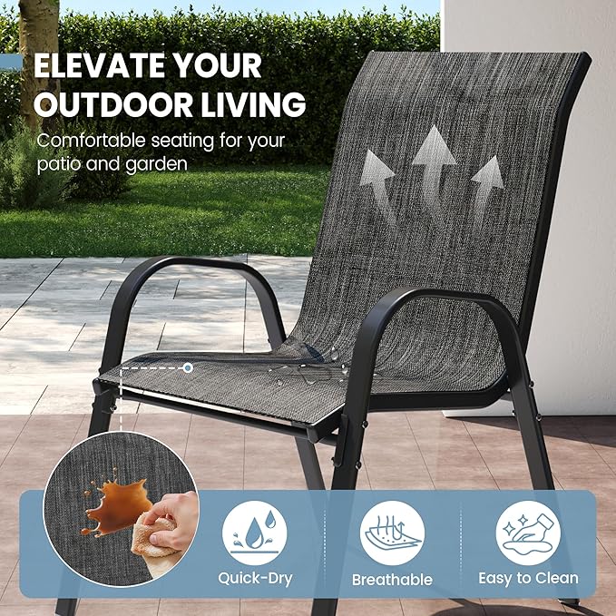 Patio Dining Chairs Set of 4, Stackable Dining Chairs High Back, Breathable Seat Fabric and Alloy Steel Frame Fit Backyard, Porch, Lawn，Poolside (Dark Grey)