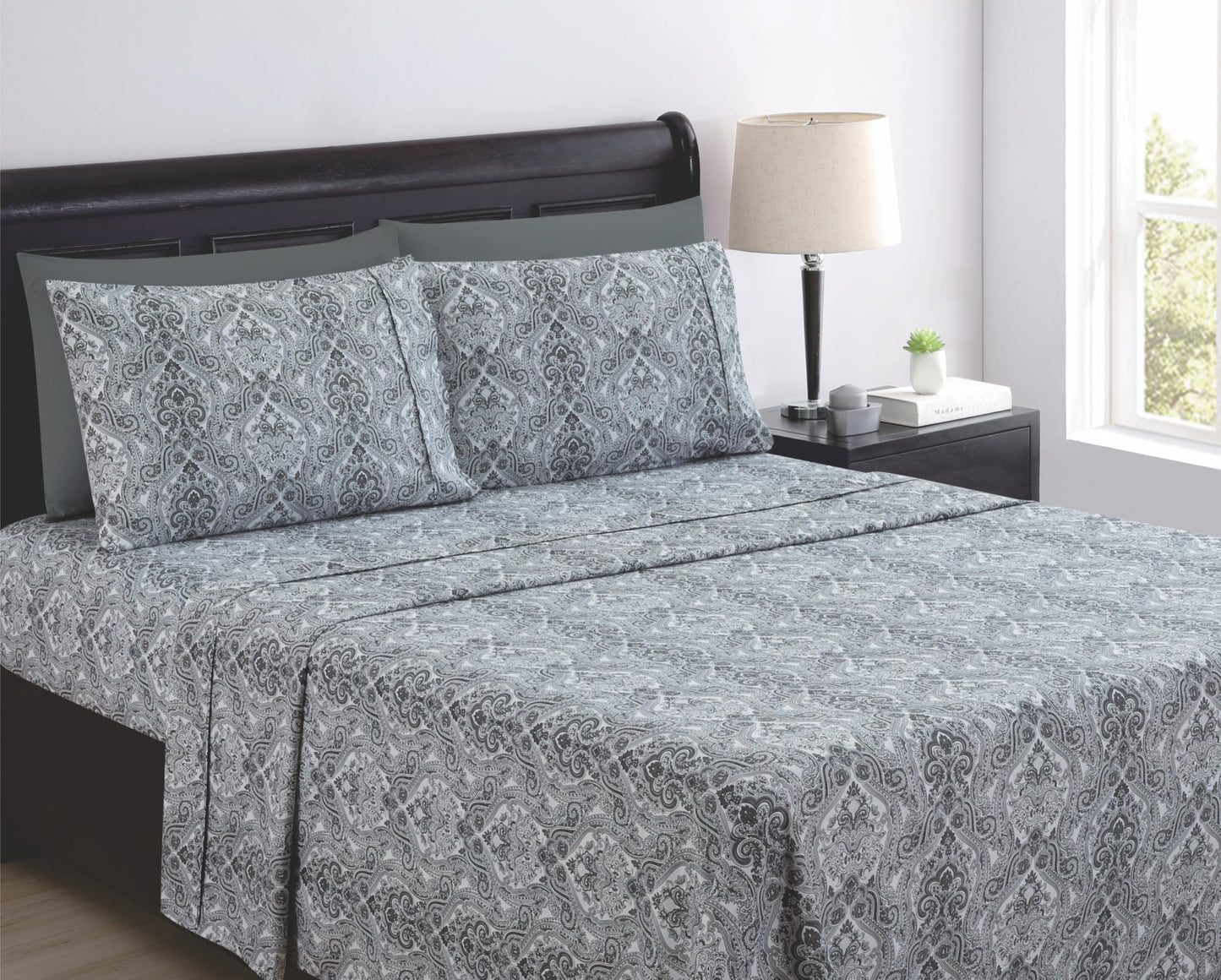 Spirit Linen home 6-Piece Twin Size Bed Sheet Set - Deep Pocket, Paisley Pattern, Soft and Breathable Bed Sheets, Microfiber Material, Includes 1 Fitted, 1 Flat, 4 Pillowcases - Dark Grey Paisley