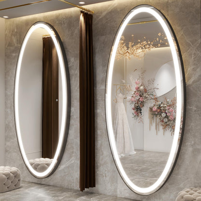 FENNIO 70" x 36" Large Wall Mounted Mirror with LED Lights, Oval Full Length LED Lighted Full Body Dressing Mirror for Bedroom, Salon, Brushed Aluminum Frame, Tempered Glass
