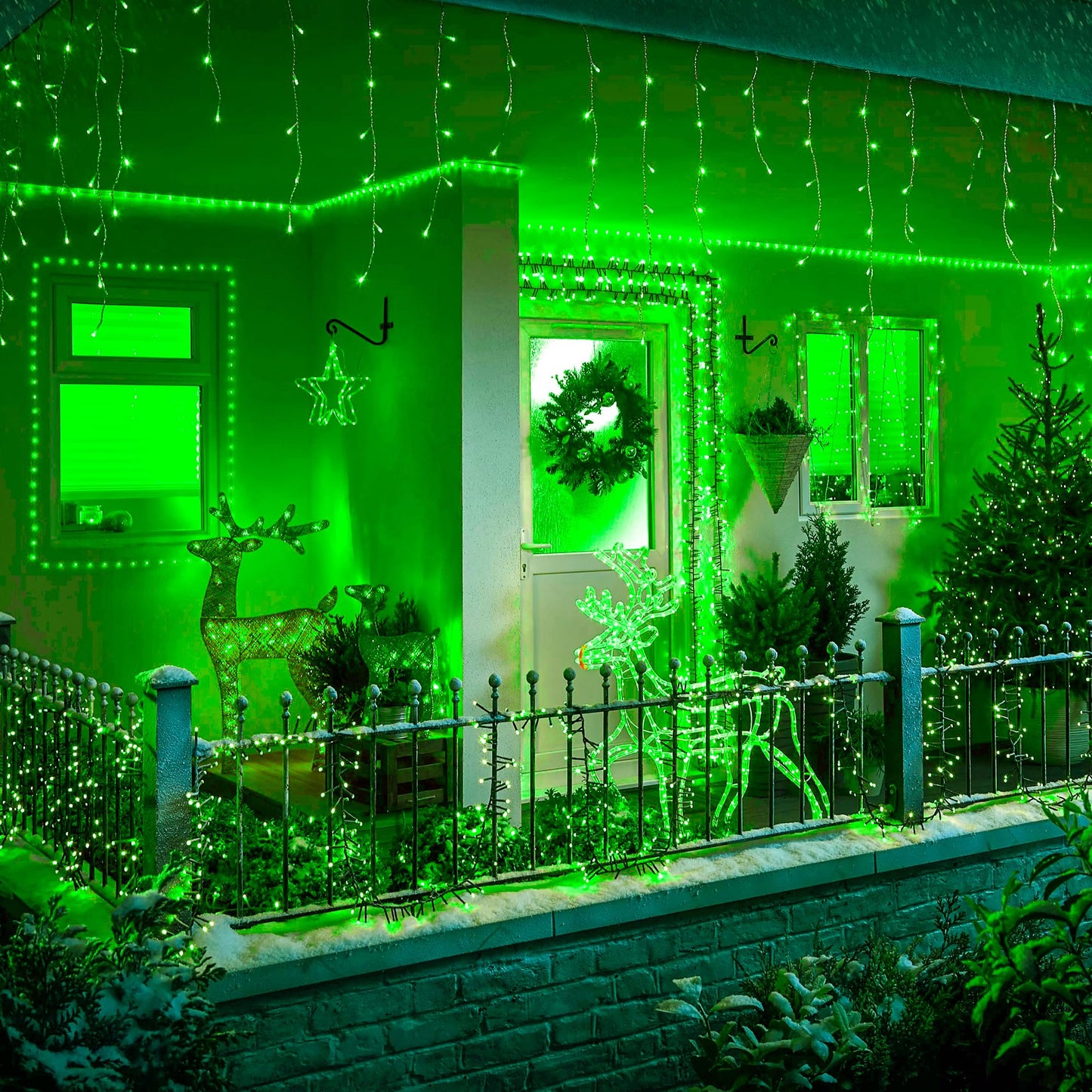 oopswow 33FT 300 LED Icicle Christmas Lights,Waterproof 8 Modes Plug in Curtain Lights with 50 Drops,Green Christmas String Lights for Indoor&Outdoor,Wedding,Party,Bedroom,Home,Wall Decorations