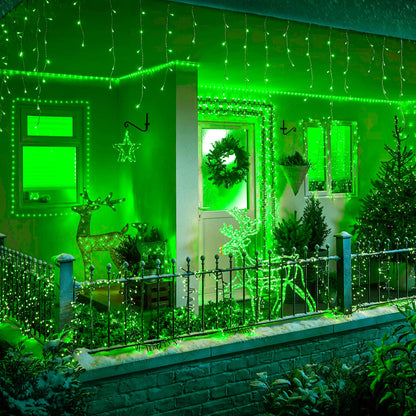 oopswow 33FT 300 LED Icicle Christmas Lights,Waterproof 8 Modes Plug in Curtain Lights with 50 Drops,Green Christmas String Lights for Indoor&Outdoor,Wedding,Party,Bedroom,Home,Wall Decorations