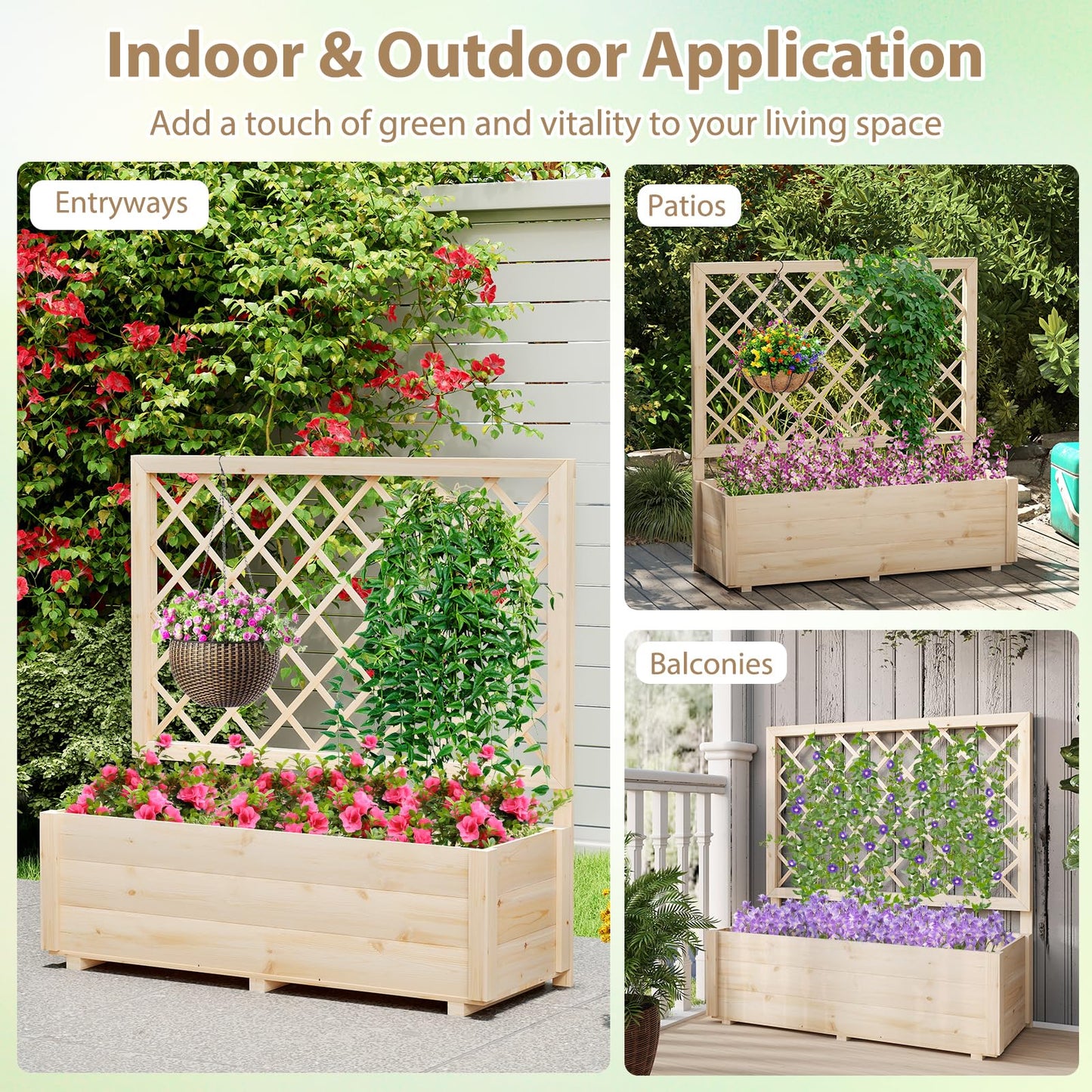 Giantex Raised Garden Bed with Trellis, Drainage Hole, Wood Elevated Planter Box for Climbing Vine Flower Herb Vegetable Fruit, Planting Container for Indoor Outdoor Patio Balcony (39”x14”x40”)