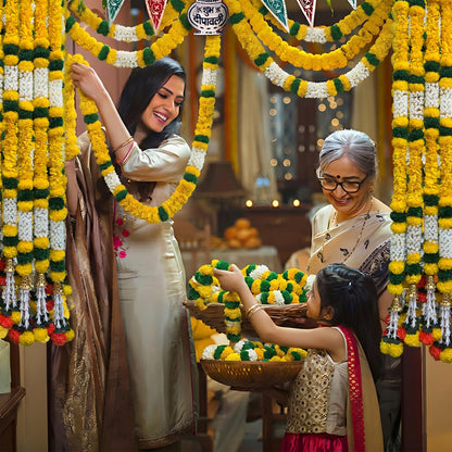 DIYANA IMPEX 4 Pc Artificial Marigold Garland with Bells, 5 Ft Long Hanging Flower Strings for Diwali Decorations, Indian Wedding, Party, Home Decor, Ganpati Hanging Decor & Mantle Decor (Yellow)