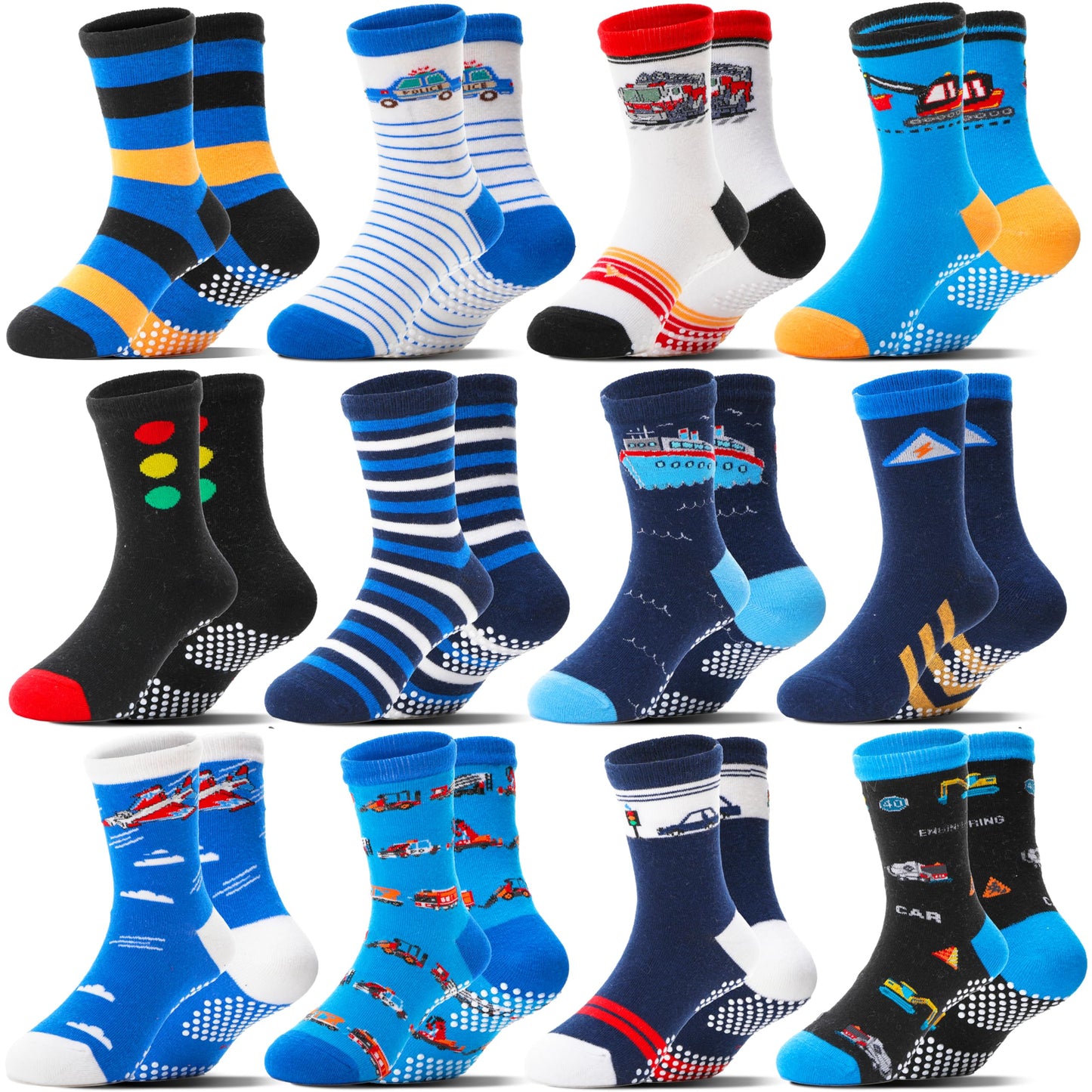 Welwoos Baby Boys Toddlers Grips Socks Non Slip Anti Skid Funny Cartoon Cosy Crew Cotton Gifts Socks 12 Pairs Stocking Fillers(Mix Blue Styles,3-5 T)