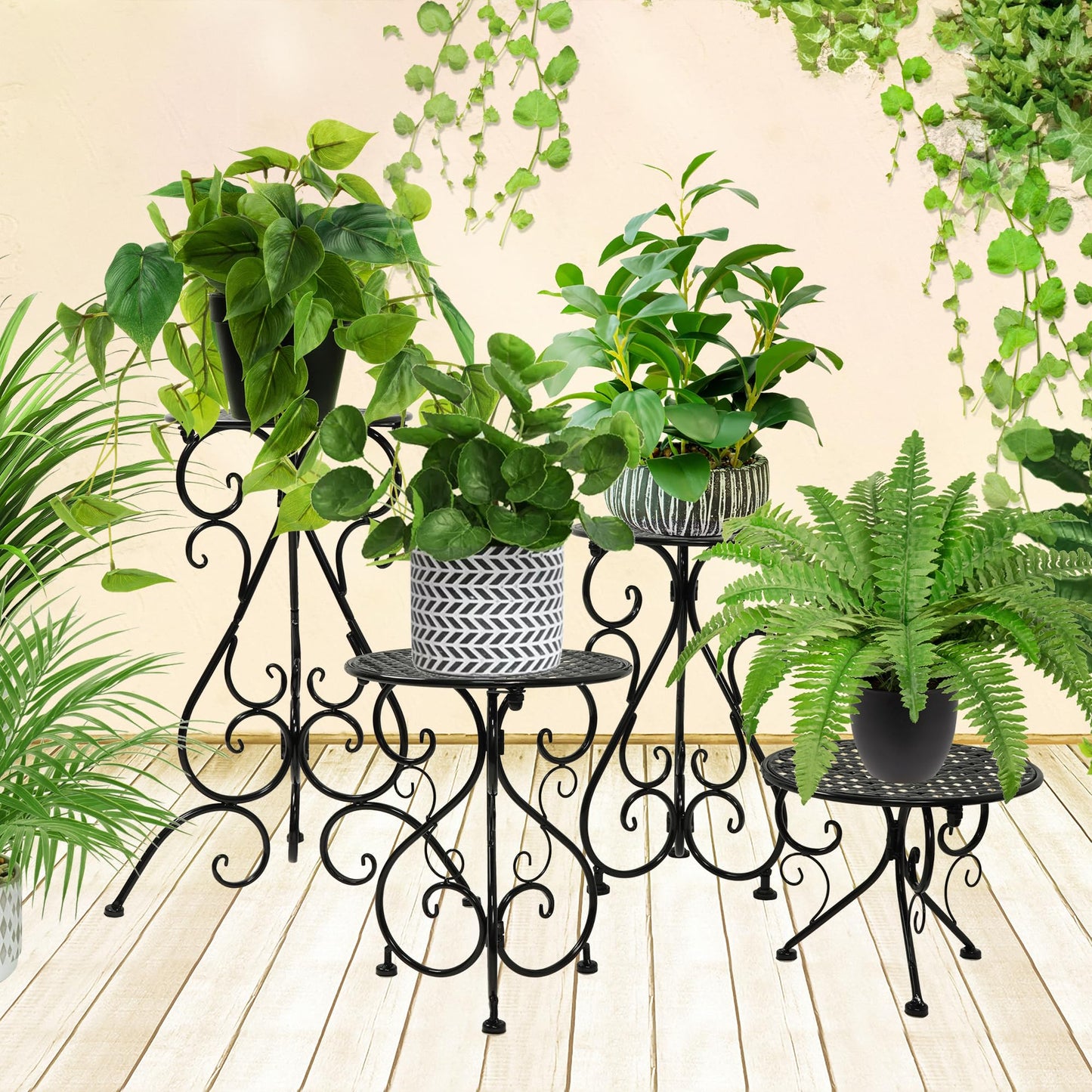 NAKUPE 4-Pack Metal Plant Stand for Indoor Outdoor, Heavy Duty Flower Pot Stands for Multiple Plants, Rustproof Iron Planter Holder Display Shelf for Patio Home Garden Porch Balcony(Black)