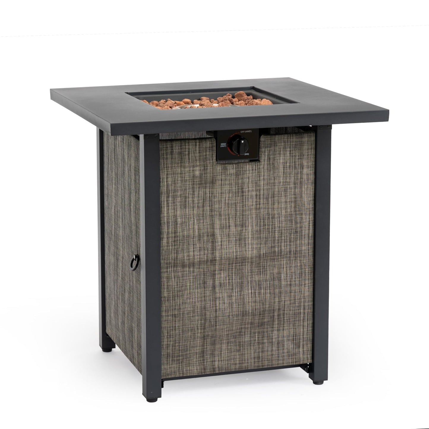 28" Propane Gas Fire Pit Table, 50000 BTU Square Outdoor Fire Pit with Steel Tabletop & Textilene Base, Patio Fire Table with Lava Rocks & Rain Cover for Backyard Deck Garden, Black