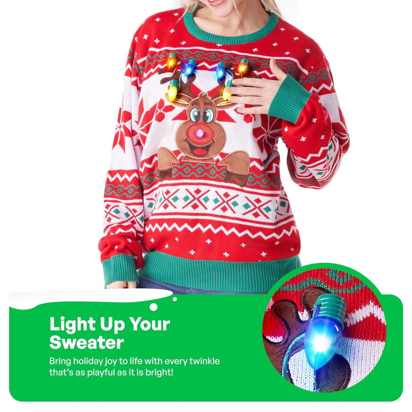 Giggling Getup Ugly Christmas Sweater for Women, LED Light Up Christmas Reindeer Ugly Sweater, Holiday Pullover for Women Red