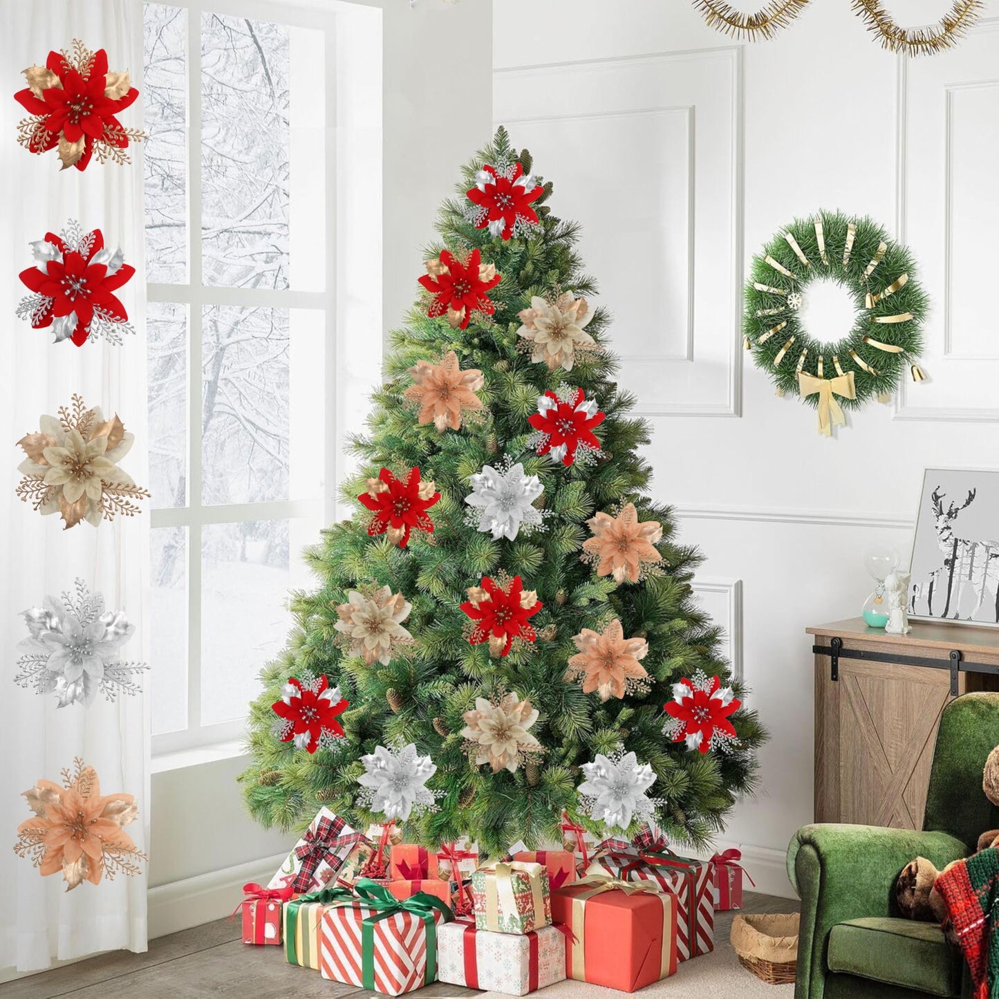 Christmas Tree Decorations 6“ Glitter Poinsettia Flowers - 24 Pcs Christmas Artificial Flowers for Tree Ornaments with Clips, Festive Decorations for Wreath, Mantel & Home Christmas Decor, Sliver