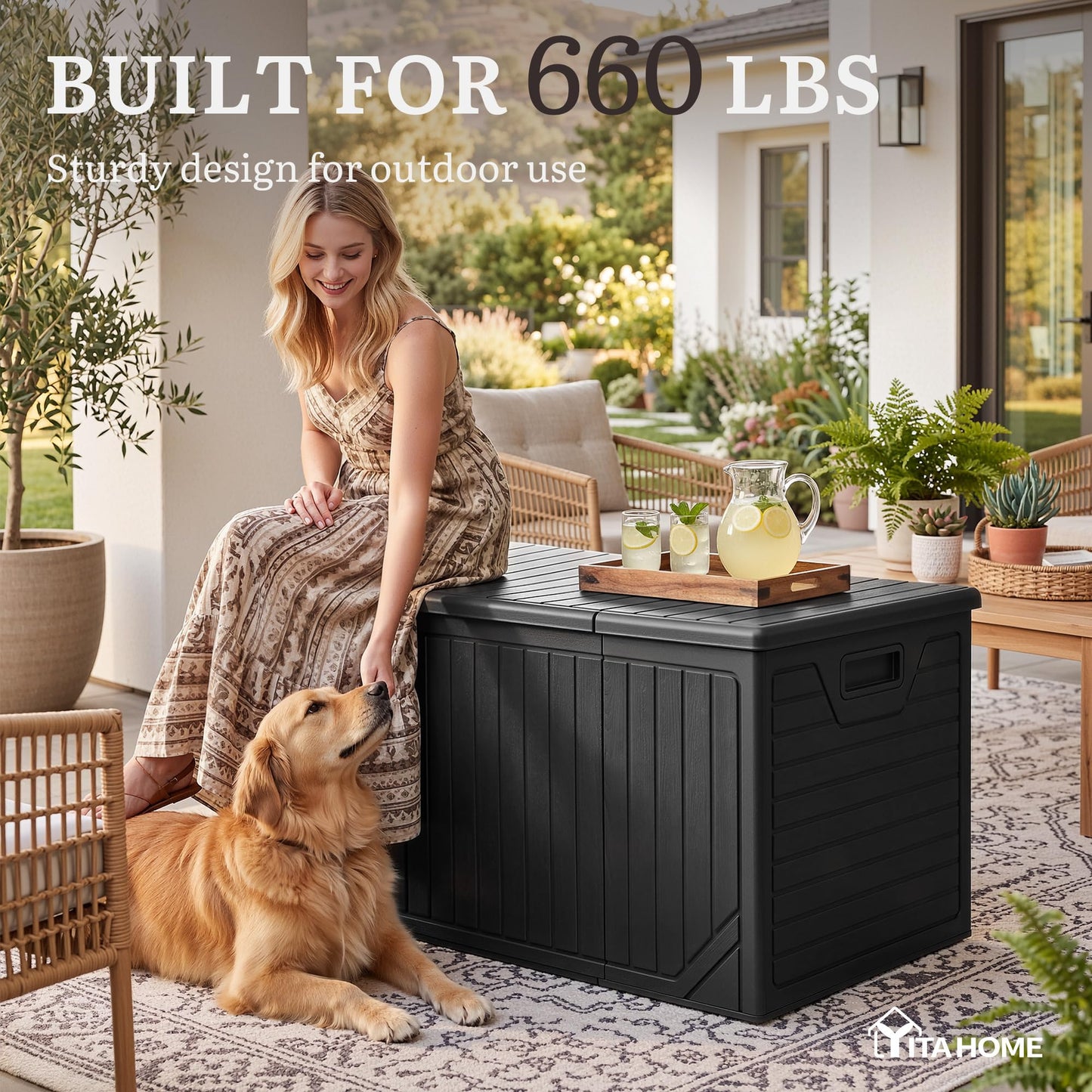 YITAHOME XXL 300 Gallon Extra Large Outdoor Deck Box, Lockable Resin Double-Wall Storage Box and Waterproof Patio Furniture Bin for Garden Tools & Pool Accessories, Black