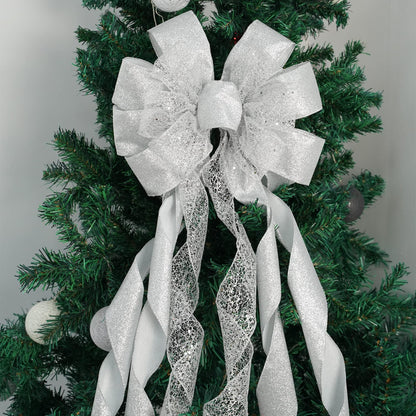 MEEDEE Silver Christmas Tree Topper Silver Glitter Christmas Bows 12" Wide Snowflake Ribbon Bow Silver Christmas Bows Silver Tree Topper Silver Bows for Christmas Tree (1 Pack)
