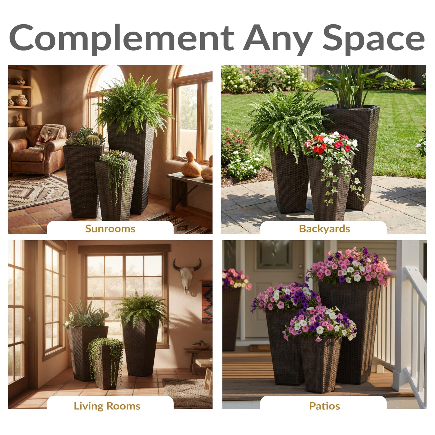 Sunnydaze Square Tall Wicker Outdoor Planter Set of 3 - Polyrattan Large Outdoor Planters for Porch, Patio or Garden - 9", 11.5", 14.75" Tall Plant Pots - Brown