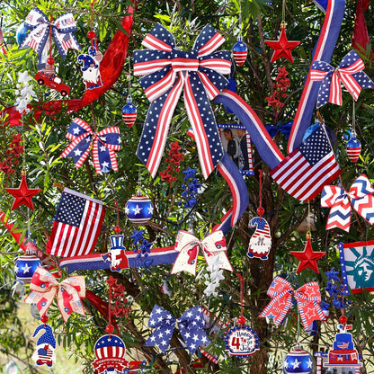 43 Pcs 4th of July Patriotic Tree Decorations Independence Day Christmas Tree Ornaments Ribbon Bow Topper Red White and Blue Hanging Ornaments for National Memorial Day Party