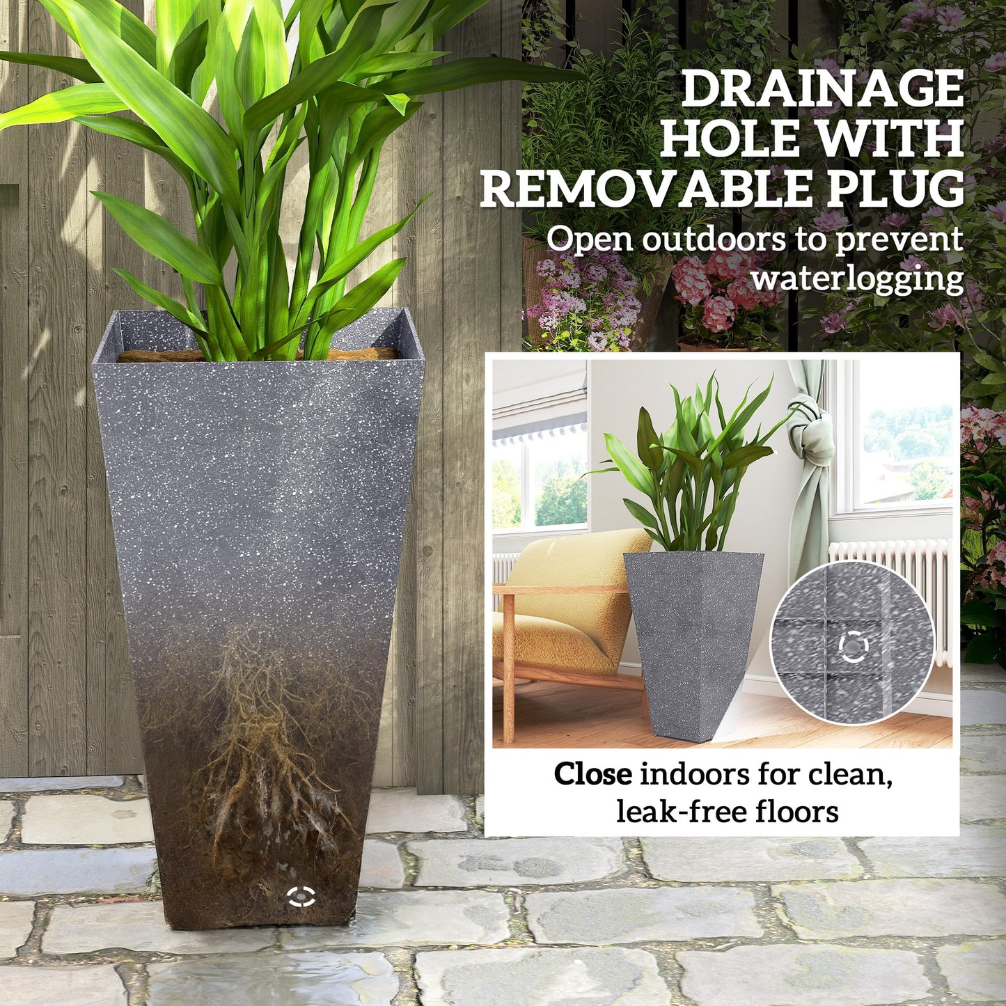 Outsunny 28 Inch Tall Planters for Outdoor Plants, Set of 3 Plastic Flower Pots with Marble Finish and Drainage Holes, Stackable Tapered Large Planters for Indoor Plants, Front Porch Decor, Gray