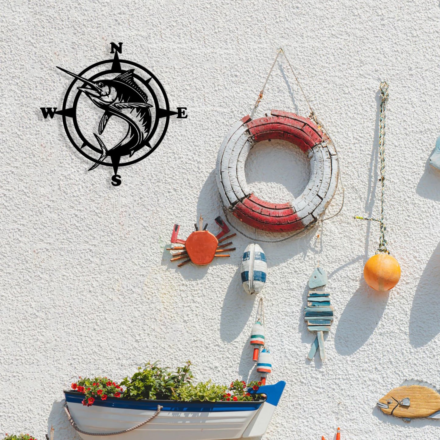 Xedatric Stylish Fishing Decor – Compass Wall Art with Jumping Swordfish, Perfect for Nautical and Marine Enthusiasts, Durable Metal Wall Sculpture for Home & Kitchen