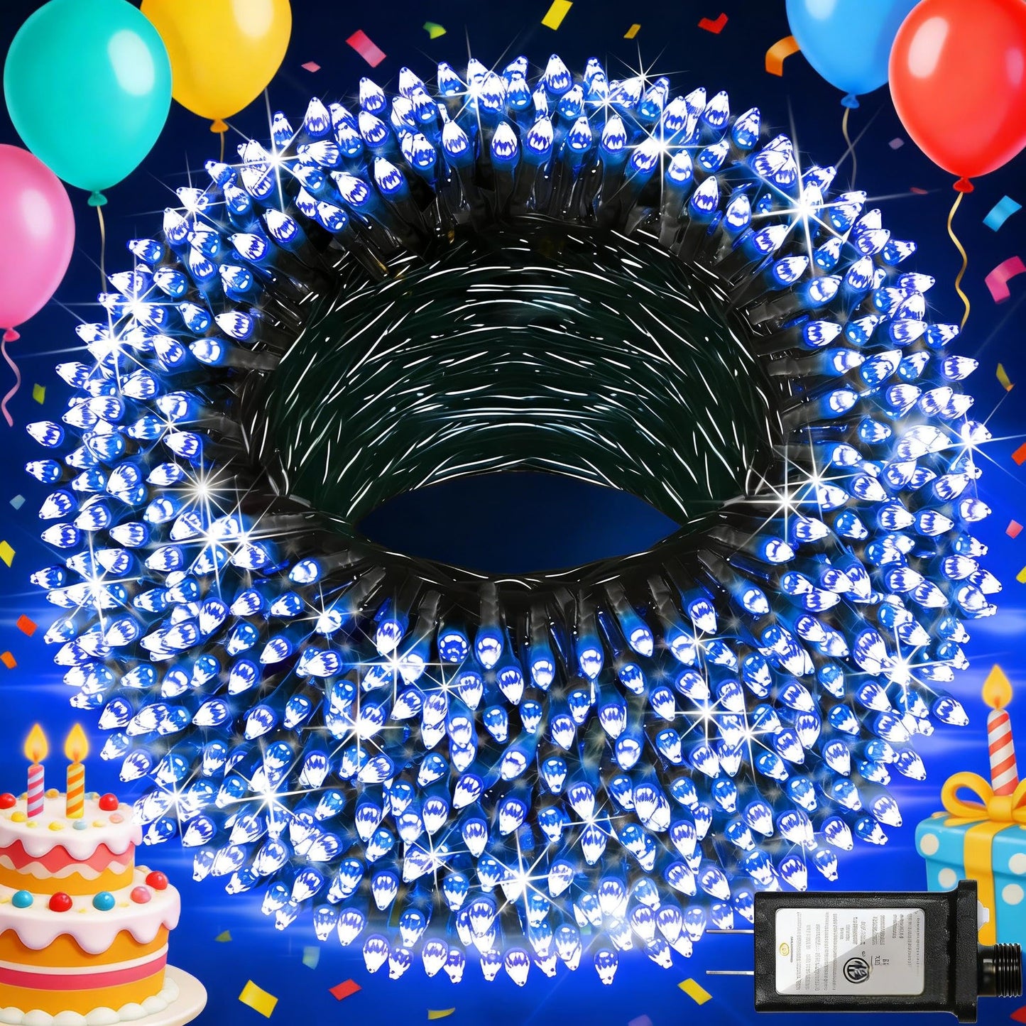 300 LED Blue Birthday Party Decorations String Lights with 12 Modes Timer Dimmable, Waterproof Green Wire Christmas Tree Lights, 75FT Fairy Lights for Bedroom, Outside, Ocean Party, Xmas Decor