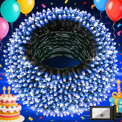 300 LED Blue Birthday Party Decorations String Lights with 12 Modes Timer Dimmable, Waterproof Green Wire Christmas Tree Lights, 75FT Fairy Lights for Bedroom, Outside, Ocean Party, Xmas Decor