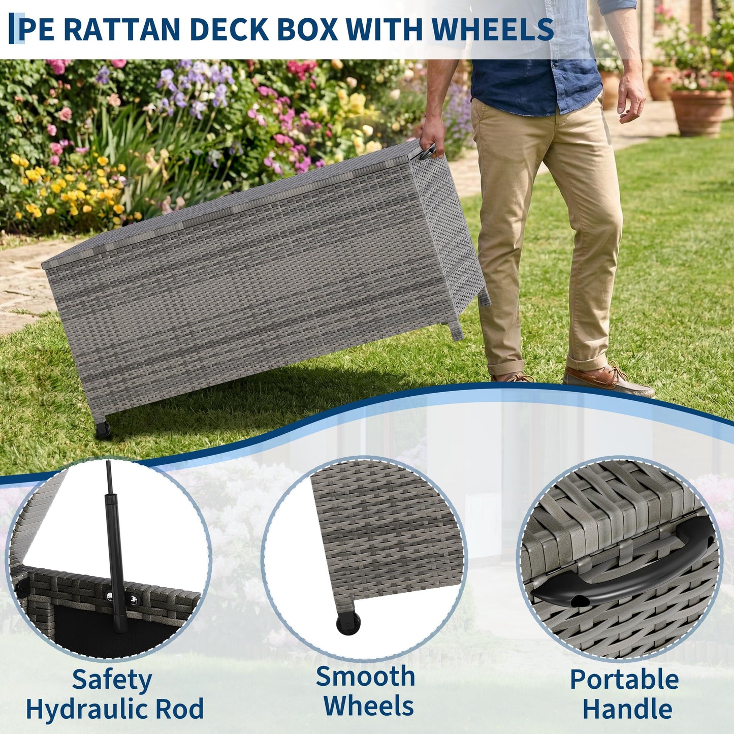125 Gallon Outdoor Wicker Deck Box, All-Weather Waterproof Patio Storage with PE Rattan Finish & Steel Frame, for Cushions, Garden Tools, Pool Supplies, Lockable Gray Storage Box with Soft-Close Lid
