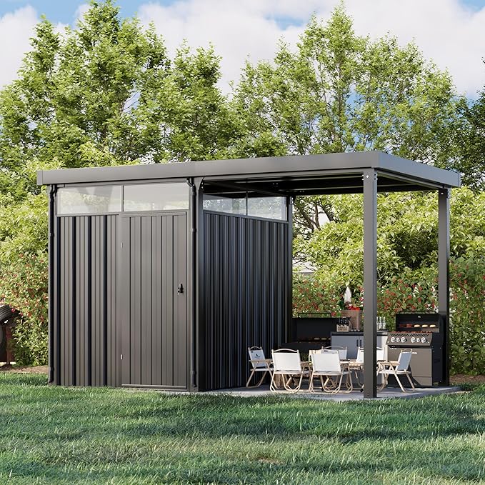 Patiowell 2-in-1 Outdoor Storage Shed, 7' x7' Galvanized Steel Metal Shed with 7' x 7' Porch Pergola Gazebo Outdoor Studio Open-Sided Firewood Shed for Backyard Patio Garden Lawn