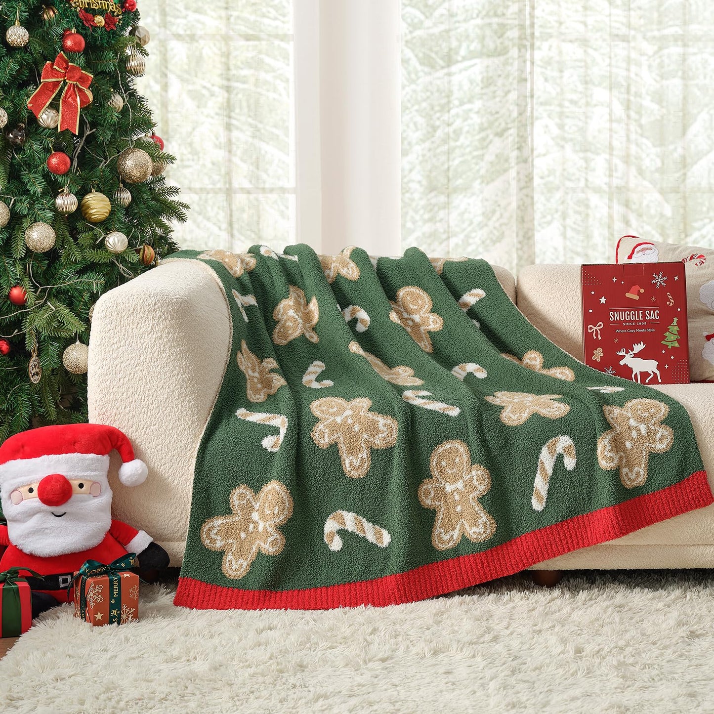 Snuggle Sac Christmas Blanket Green Gingerbread Man Throw Blanket 50x60 inches, Ultra Soft Cozy Throw Blanket for Couch, Sofa and Bed for Christmas