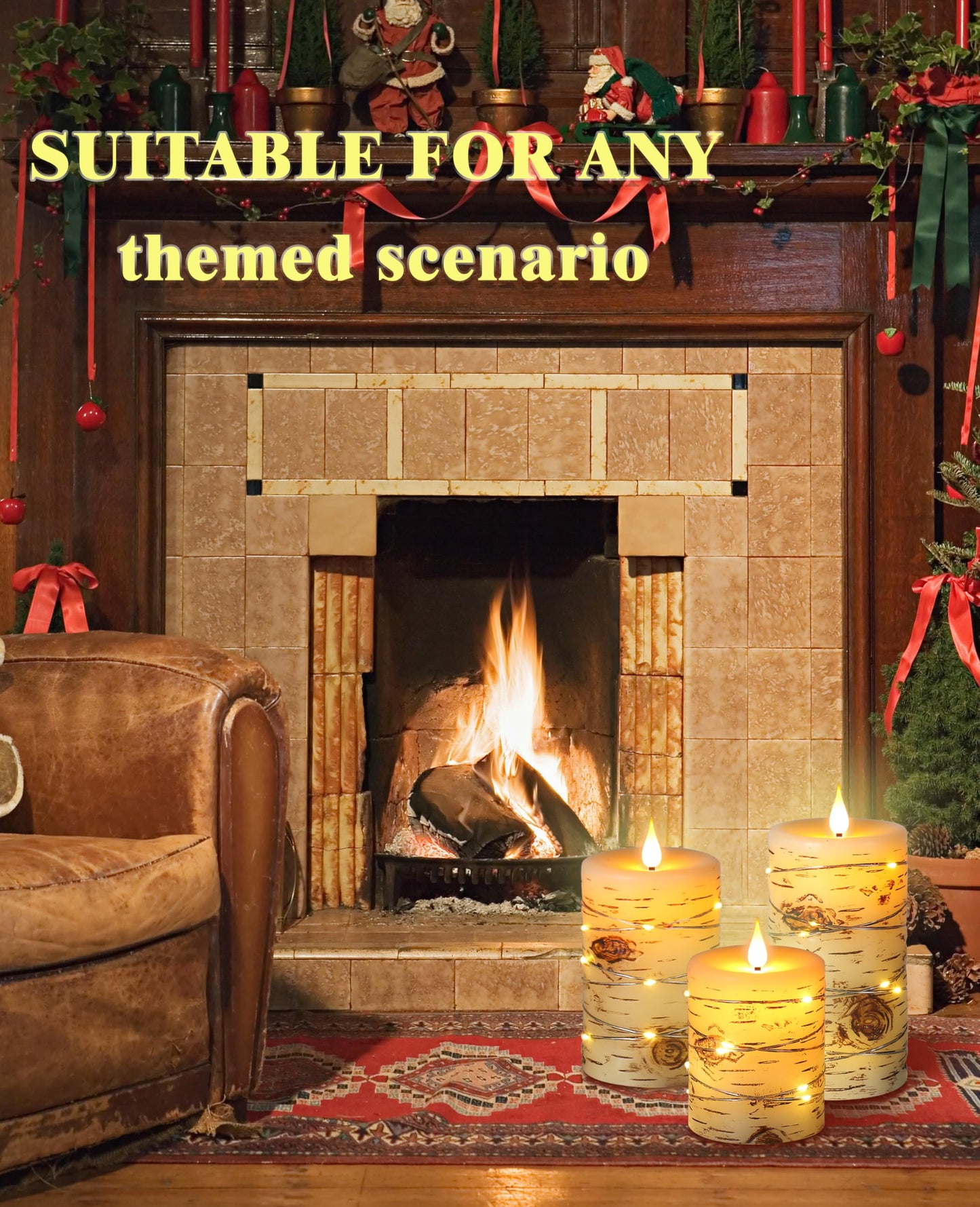 Da by 3 Pack Birch Bark Real Wax Flameless Candles, Flickering LED Taper Candles with Copper String Lights, Battery Operated Candles with Remote for Farmhouse Wedding Home Decor