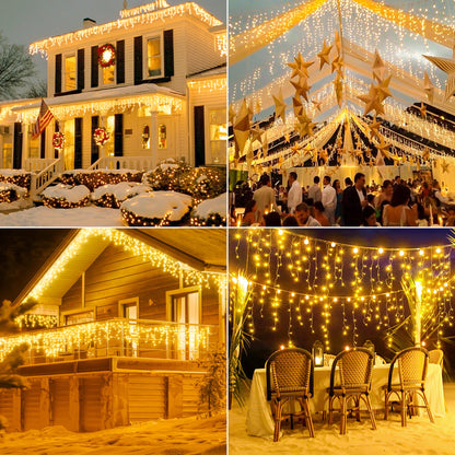Hopolon 33FT 360L LED Christmas Icicle Lights Outdoor Waterproof,8 Modes Plug in Curtain String LIghts With 60 Drops,Christmas Lights for Wedding,Party,Bedroom,Home,Garden,Wall Decorations(Warm White)