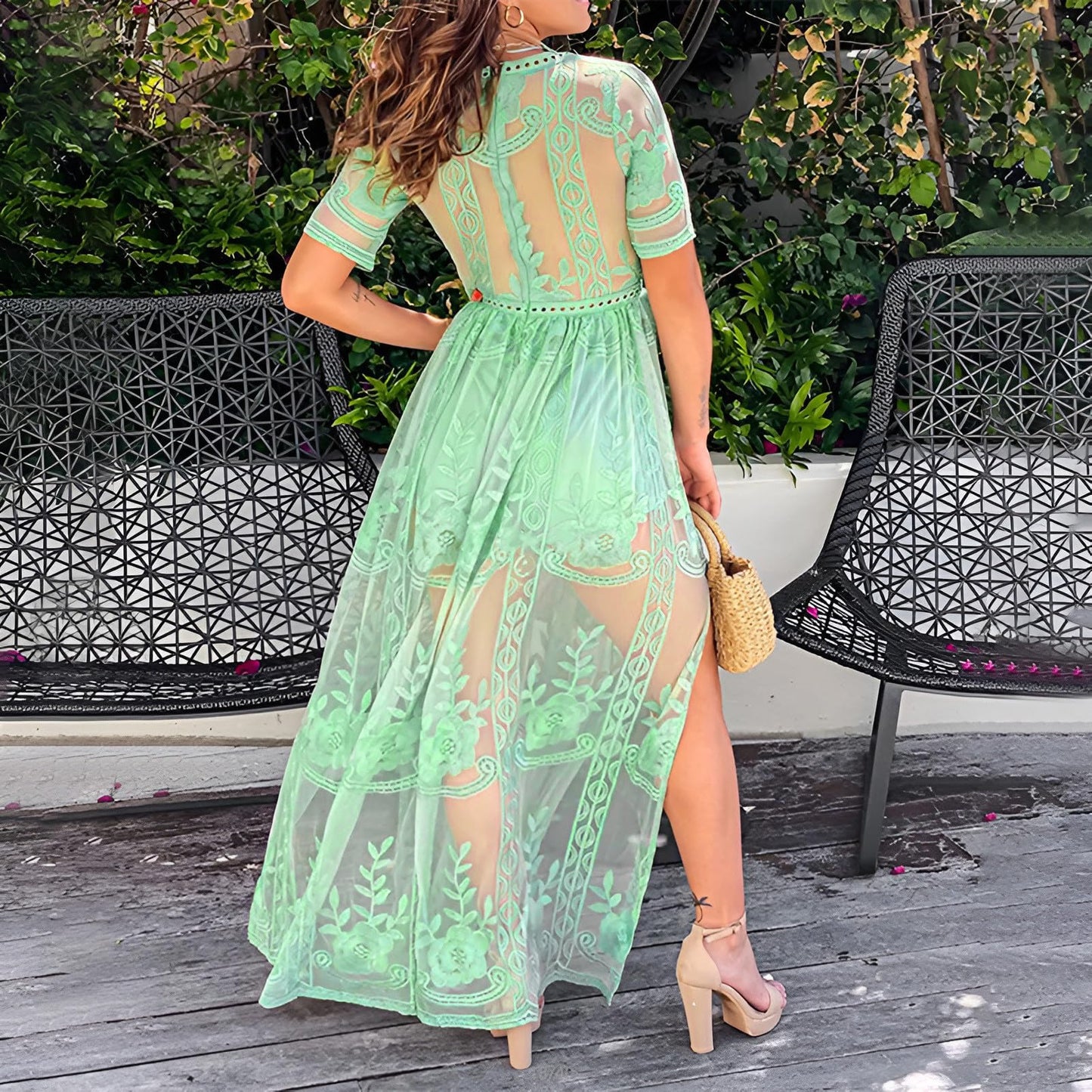 Womens Deep V Neck Short Sleeve Floral Lace Dress Long Bridesmaid Maxi Dresses