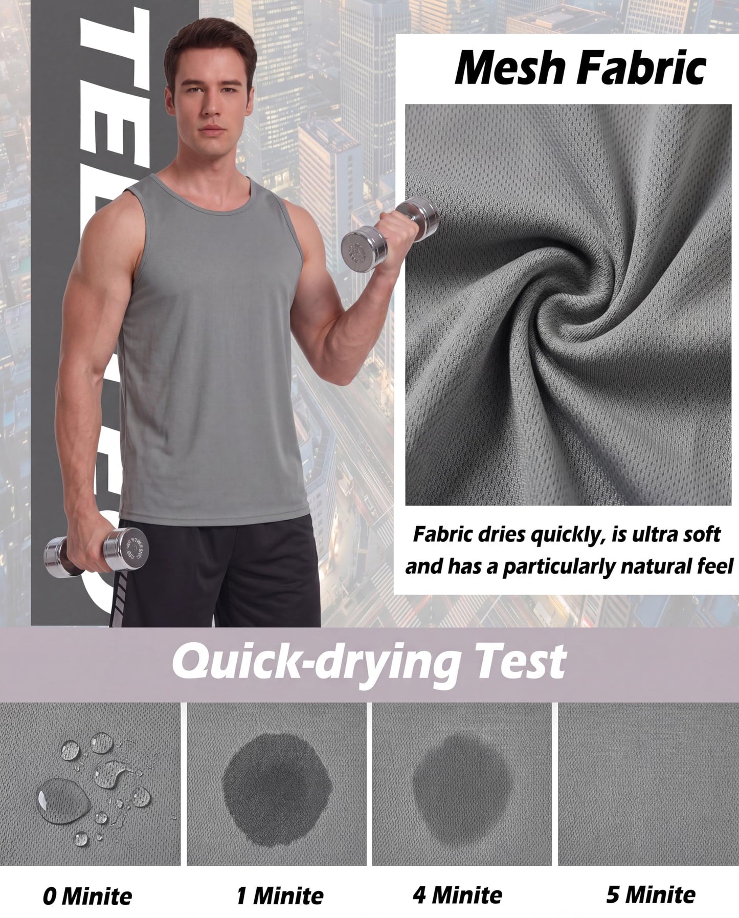 TELALEO 5 Pack Men's Workout Tank Tops Sleeveless Mesh Muscle Gym Shirt Quick Dry Black/Gray/Charcoal/Navy/Blue L