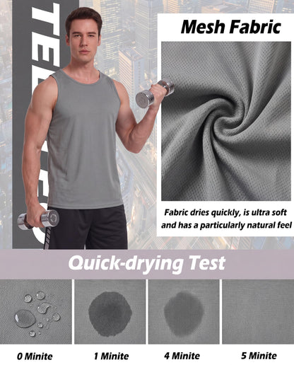 TELALEO 5 Pack Men's Workout Tank Tops Sleeveless Mesh Muscle Gym Shirt Quick Dry Black/Gray/Charcoal/Navy/Blue L