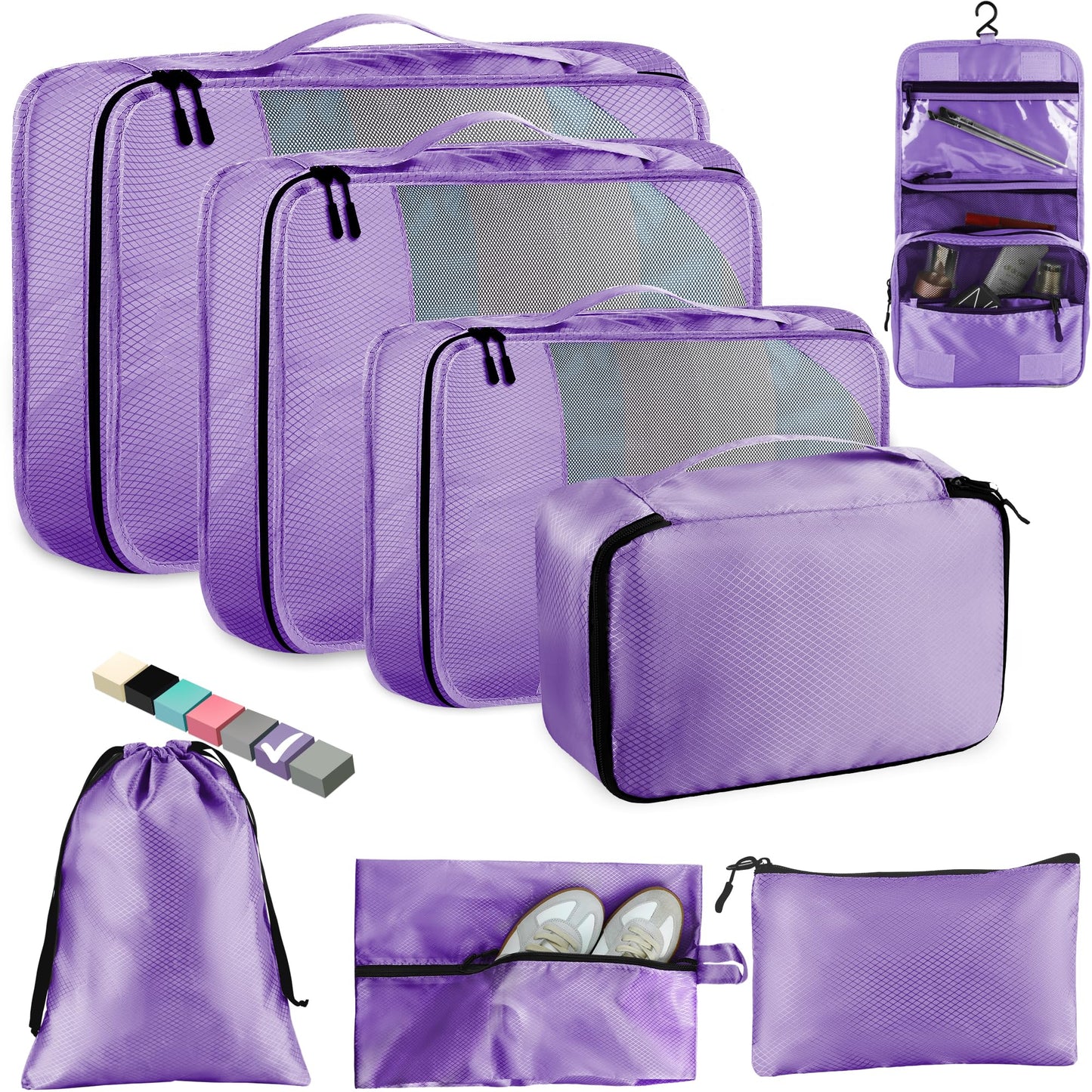 Toncoke 8 Set Packing Cubes for Travel Women Men Kids, Mesh Suitcase Organizer Bags Set for Luggage, 4 Sizes Extra Large, Large, Medium, Small, Travel Camping Essentials Accessories, Purple