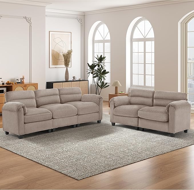 HAOMARKETS Corduroy Sofa Set, Upholstered Loveseat, and 3-Seater Couch