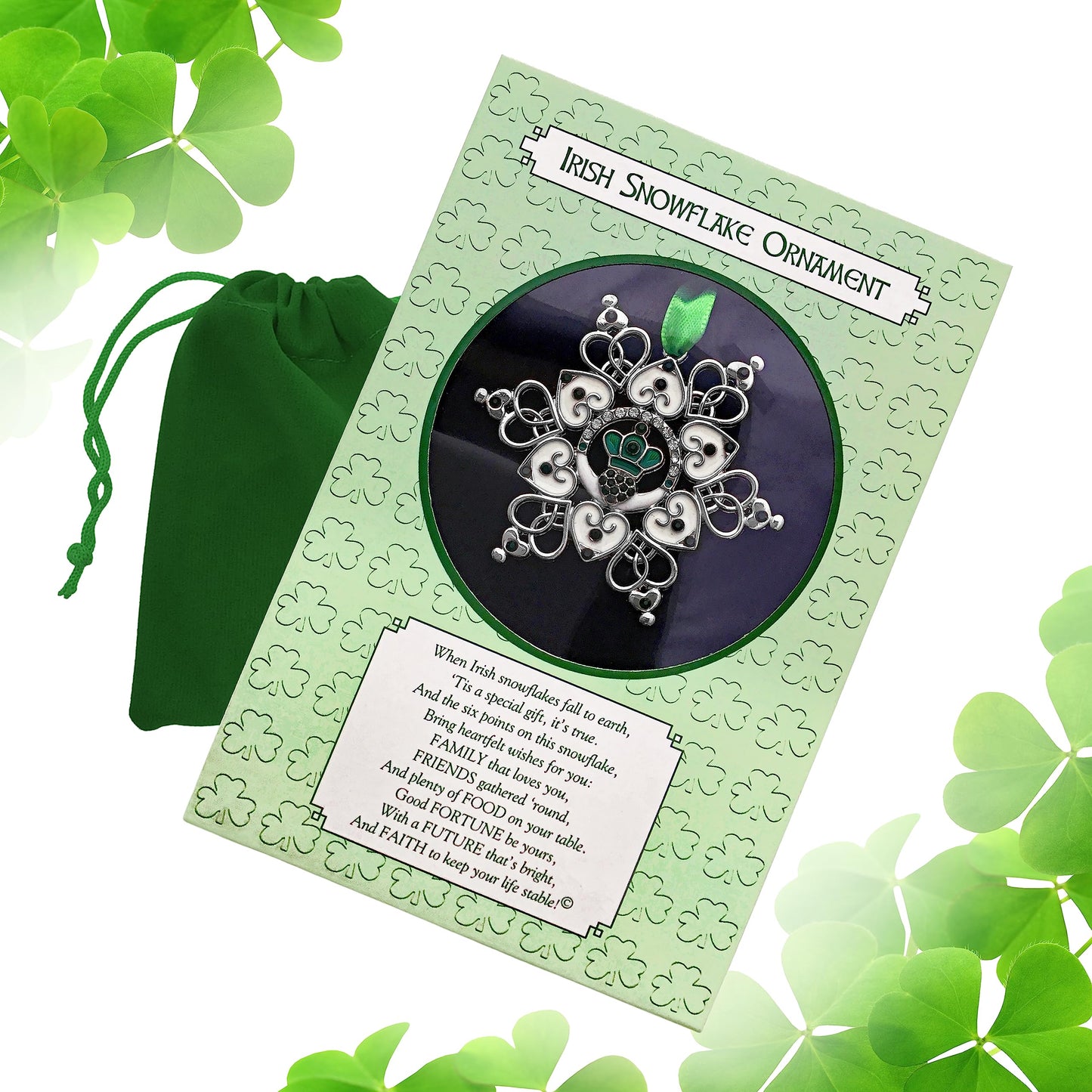 Irish Christmas Ornament Claddagh Snowflake, Filigree Metal Celtic Holiday Decoration with Green Jewels, 3 x 3 Inch Gift Ornament with Storage Bag, Irish Blessing for Family, Friends, Mom, Grandma