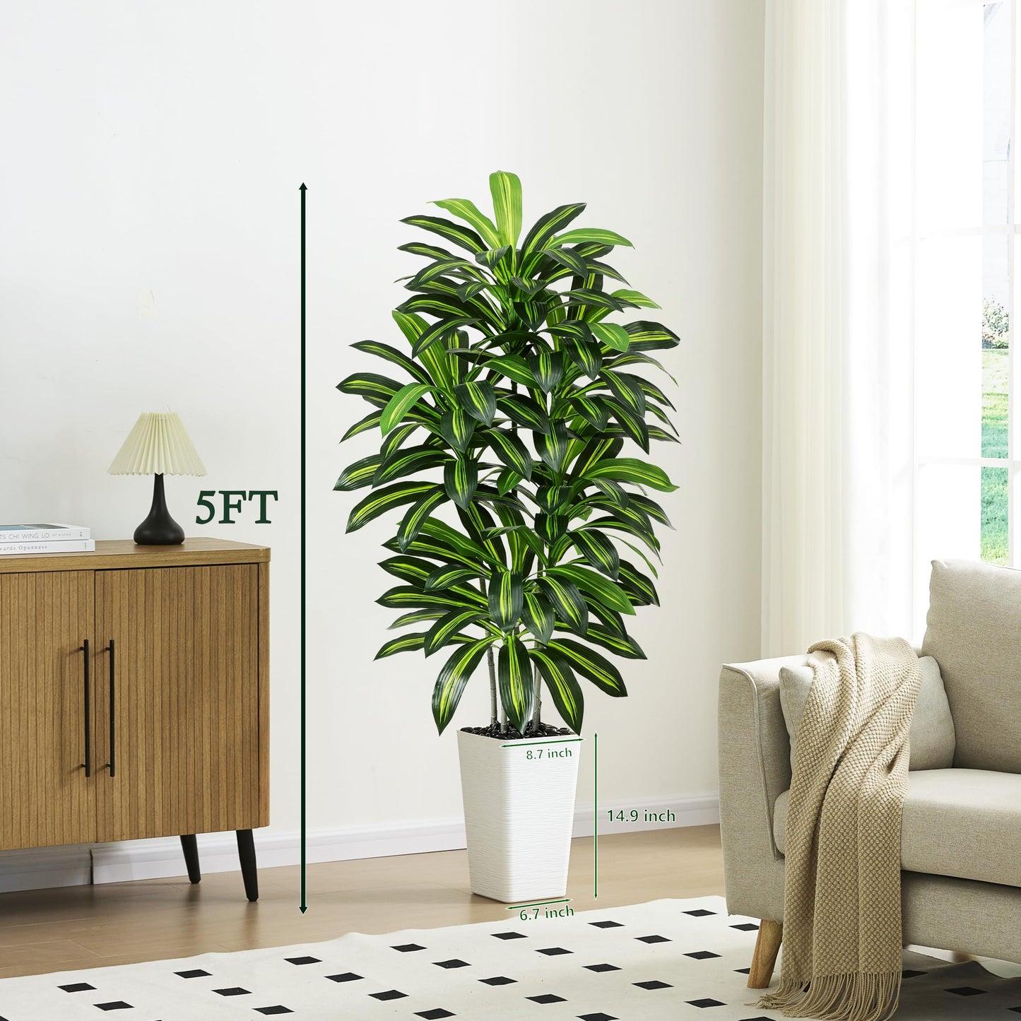 Artificial Dracaena Tree - 5FT Tall Fake Plants with White Tall Planter - Artificial Plants Indoor Floor Plant in Pot - Large Tropical Fake Yucca Potted Tree for Home Office Living Room Decor