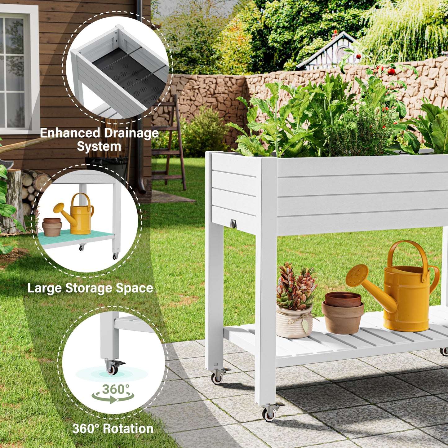 WTFGO Raised Garden Bed with Wheels, Divisible Resin Planter Box with Drainage Gauge & Storage Shelf, Herb Planter for Garden Patio Backyard, Ashen (33.7" h)