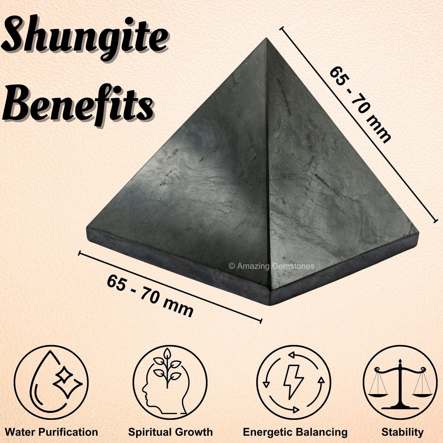 Amazing Gemstone Shungite Pyramid Crystal Healing Shungite Stones - 70mm Crystal Pyramid Figurine Piedra Shungite for E M F Protection, Meditation, Reiki, Chakra Balancing and Crystal Pyramids Grid