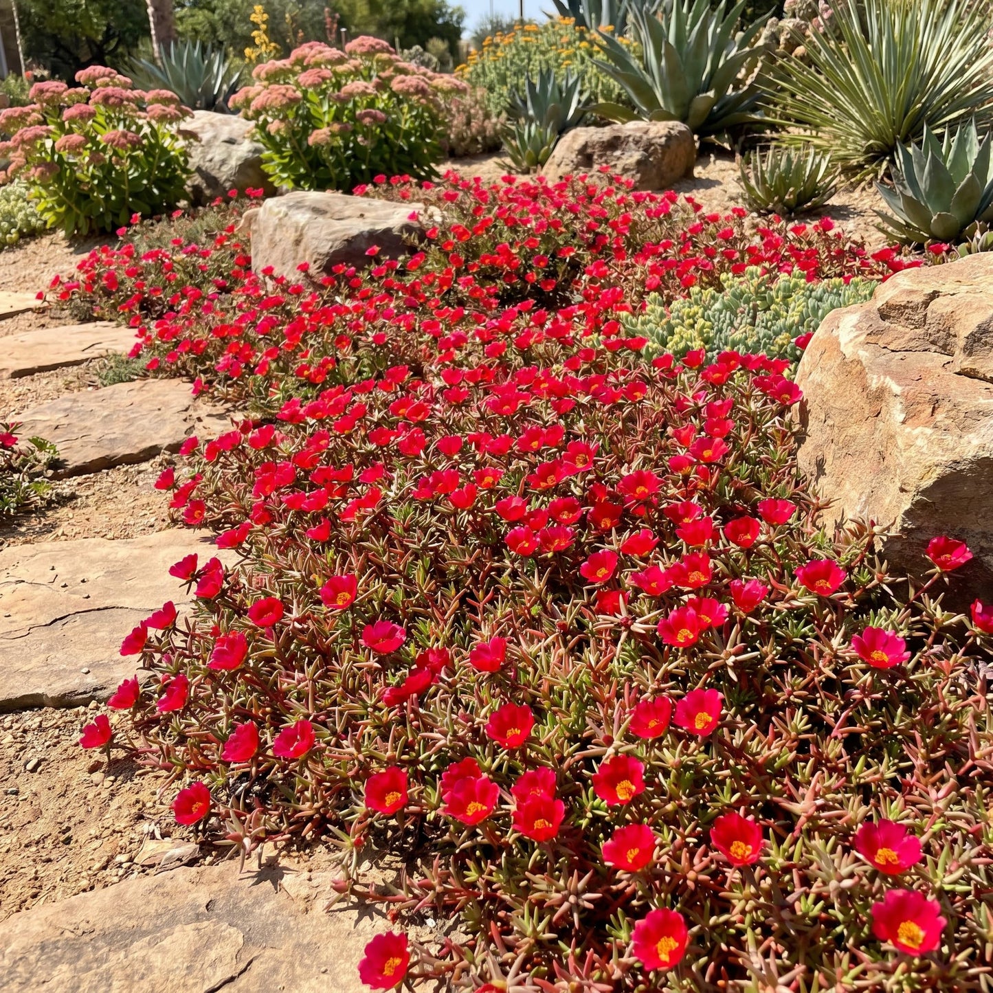 4 Portulaca Plants Live, Moss Rose Flower Plant for Outdoor Garden, Ground Cover Plant for Patio Containers, Borders or Landscape 4-7 Inches (Red)