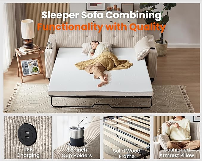 Queen Size Pull Out Sleeper Sofa Bed, 2-in-1 Convertible Corduroy Pull Out