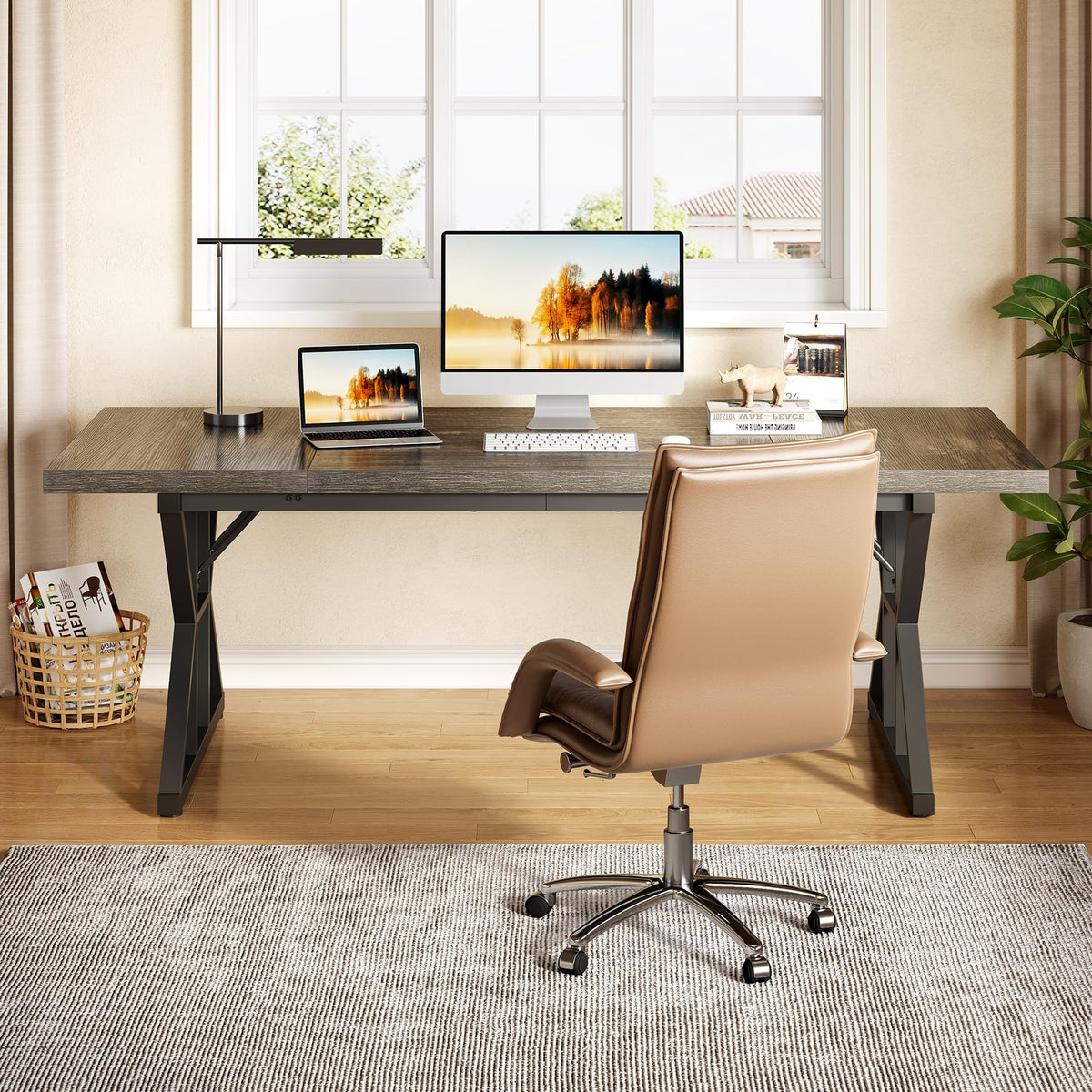 LITTLE TREE 70.8-Inch Large Executive Desk, Extra Long Computer Office Desk Workstation, Modern Simple Style Laptop Table, Sturdy Wooden Writing Workstation for Home Black Oak