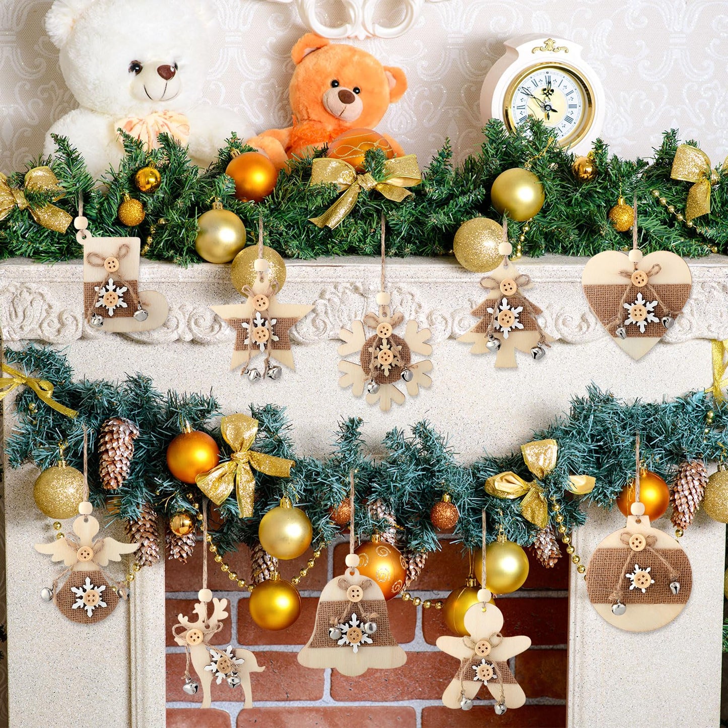 Soaoo 20 Pcs Rustic Christmas Wooden Ornament Set Farmhouse Reindeer Star Wood Ornaments Wood Christmas Tree Decorations with Burlap Rope Bell 10 Style Decorative Hanging Decor for Xmas Home(Rustic)