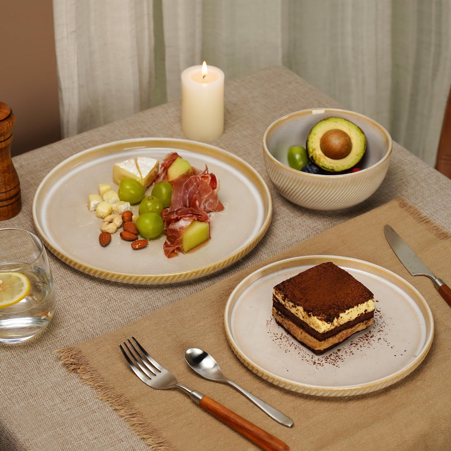 Metflavor Stoneware Dinnerware Sets for 4, 12-Piece Scratch Resistant Plates and Bowls Set, Dishwasher and Microwave Safe Ceramic Dishes Set, Ribbed, Sculpted Dune