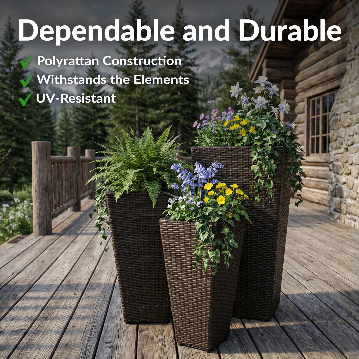 Sunnydaze Square Tall Wicker Outdoor Planter Set of 3 - Polyrattan Large Outdoor Planters for Porch, Patio or Garden - 9", 11.5", 14.75" Tall Plant Pots - Brown