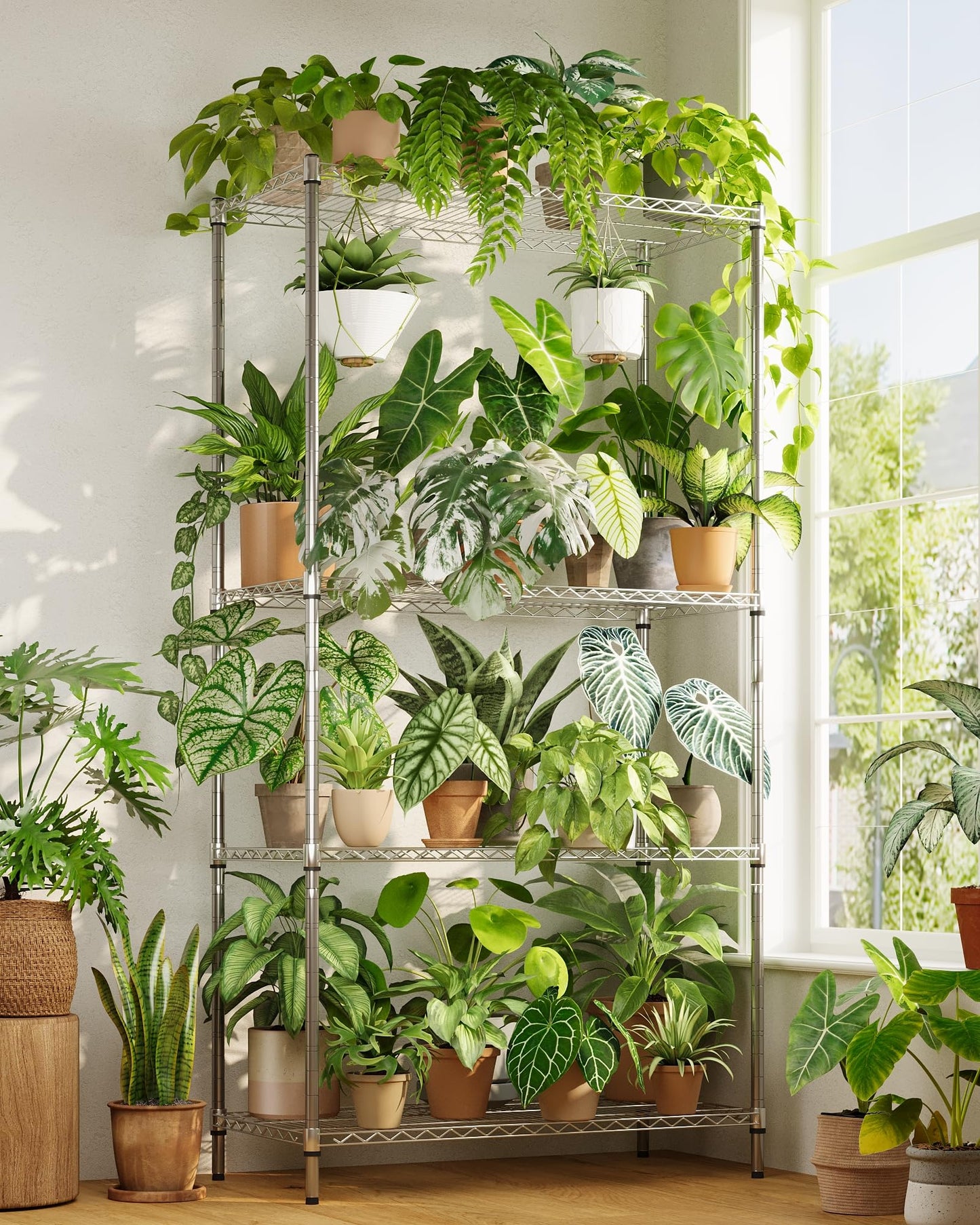 GENTINGBRO Large Plant Shelf Indoor Plant Stand Outdoor 4 Tier for Plants Heavy Duty 3000lbs Plant Rack Storage Shelves Adjustable Tall Plant Holder for Balcony Garden Patio